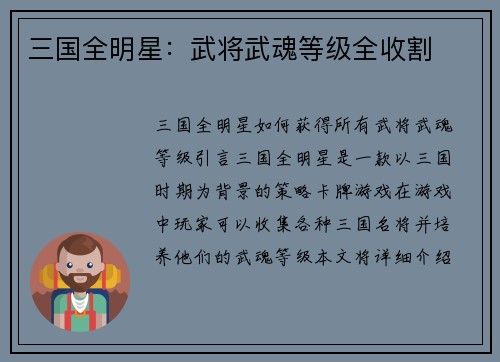 三国全明星：武将武魂等级全收割